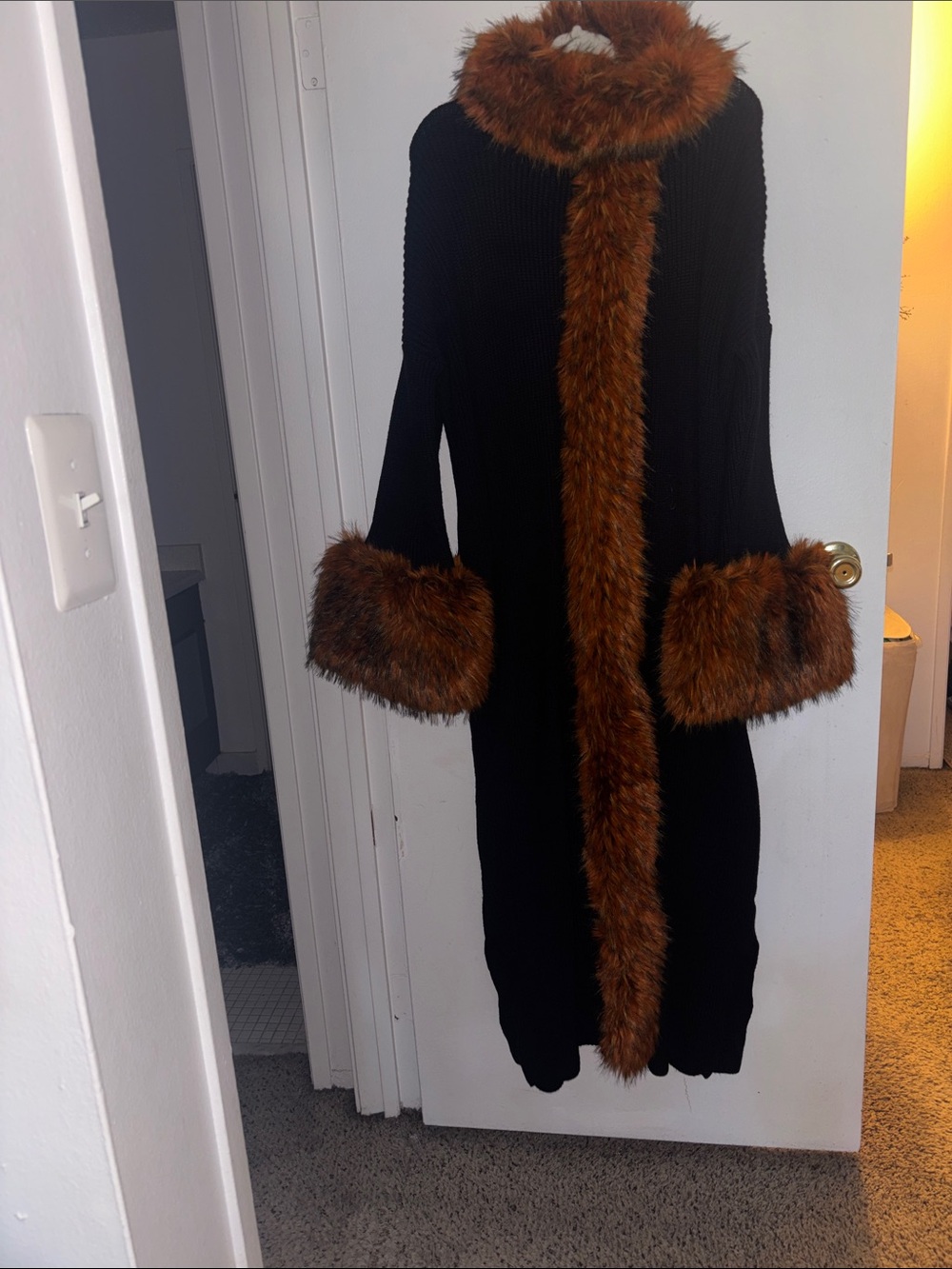 AKIRA Black Knit Coatigan with Brown Faux Fur Trim